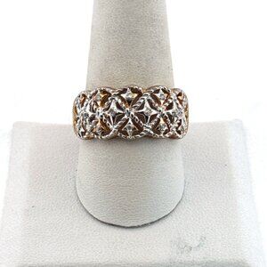 Estate Sterling Silver 925 Wide Filigree Band Ring, Gold Accents, Size 10, 5.4g